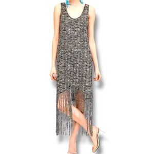 Zara Trafaluc Chic Black and White Knit Sleeveless High-Low Fringe Midi Dress